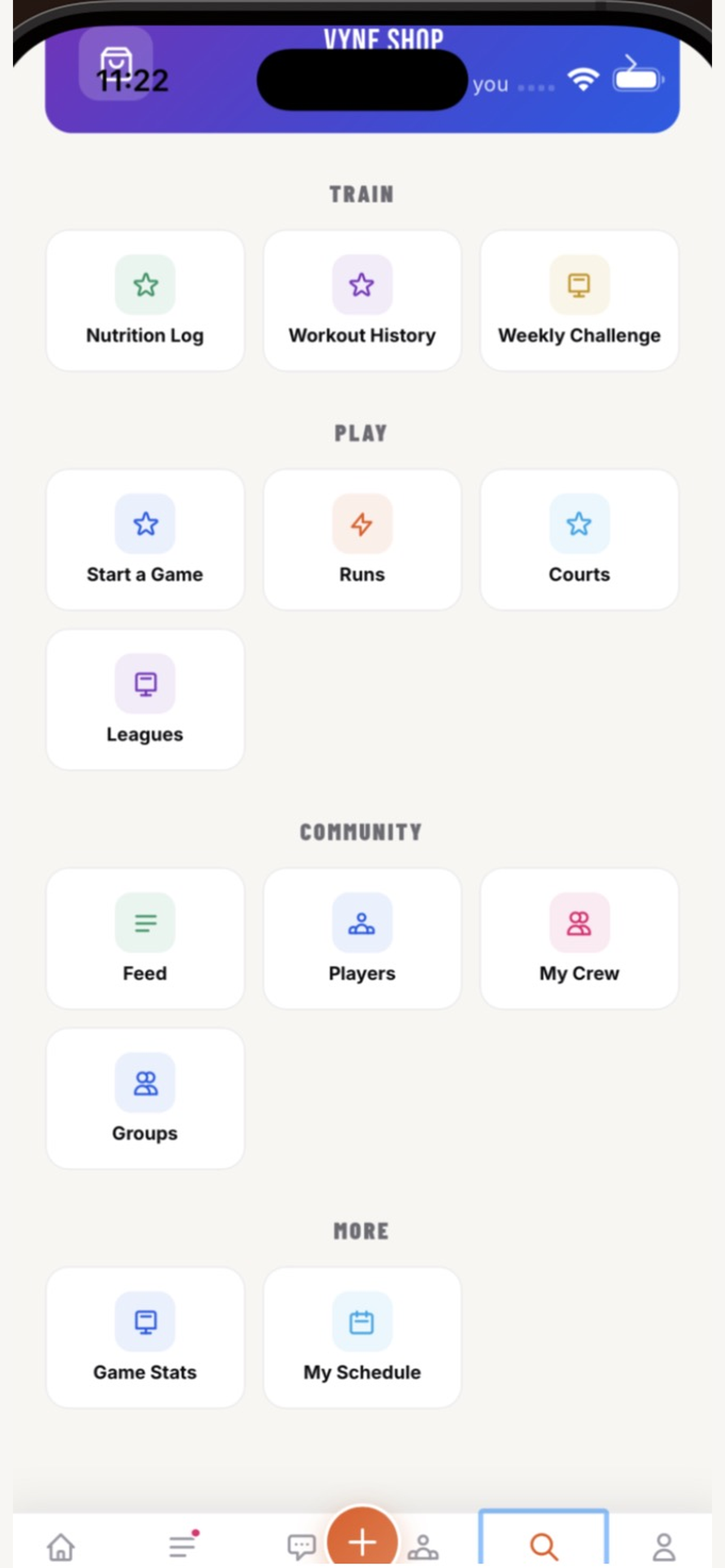 VYNE Discover screen with runs, courts, and community
