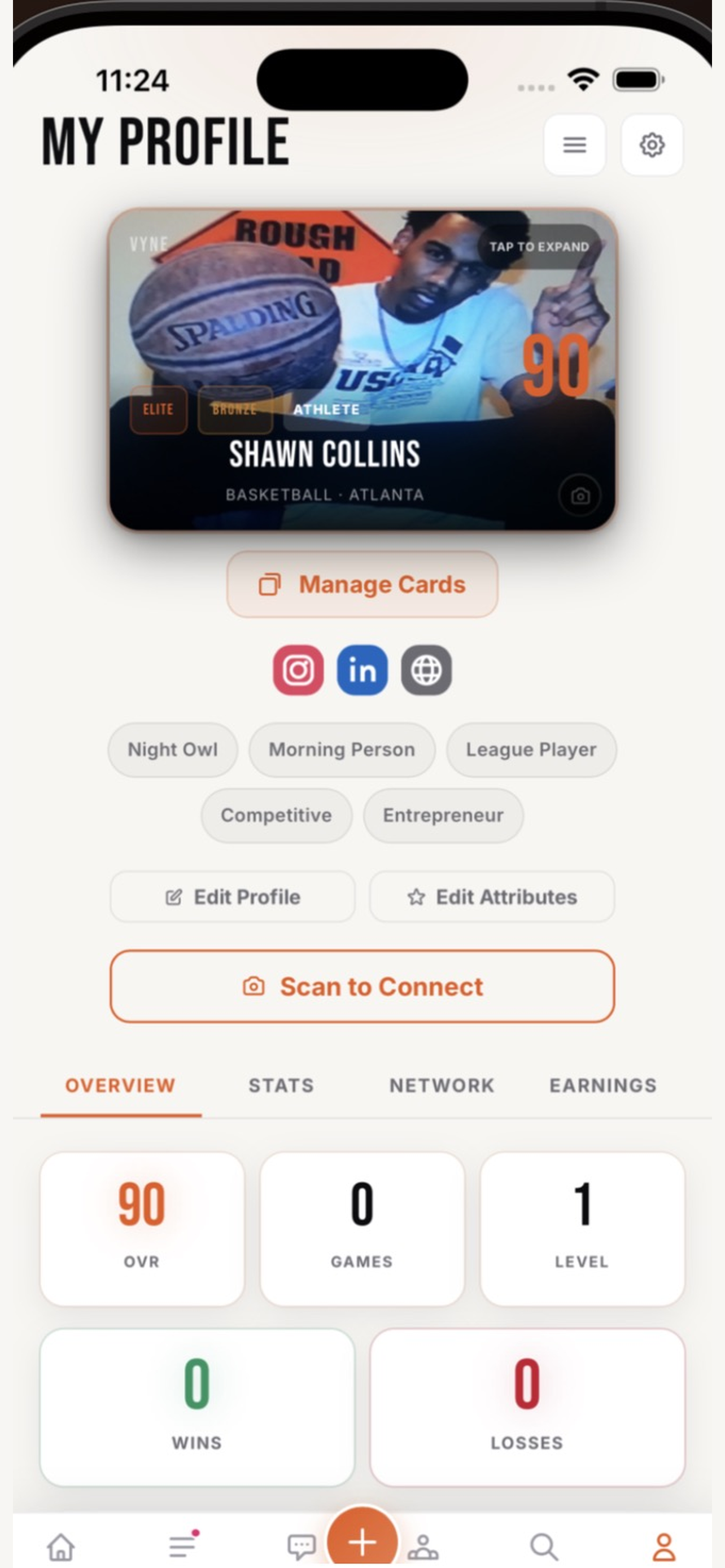 VYNE player profile and card